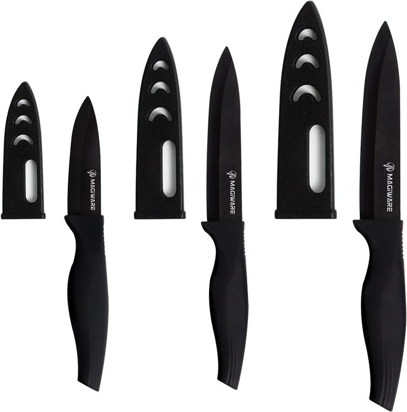 Magiware 6-Piece Paring Knife Set with Sheaths-Ceramic Blade Sharp Rust Proof Stain Resistant (include 5inch Utility Knife, 4inch Fruit Knife,3inch Paring Knifes)-Black (win0529) - Image 1